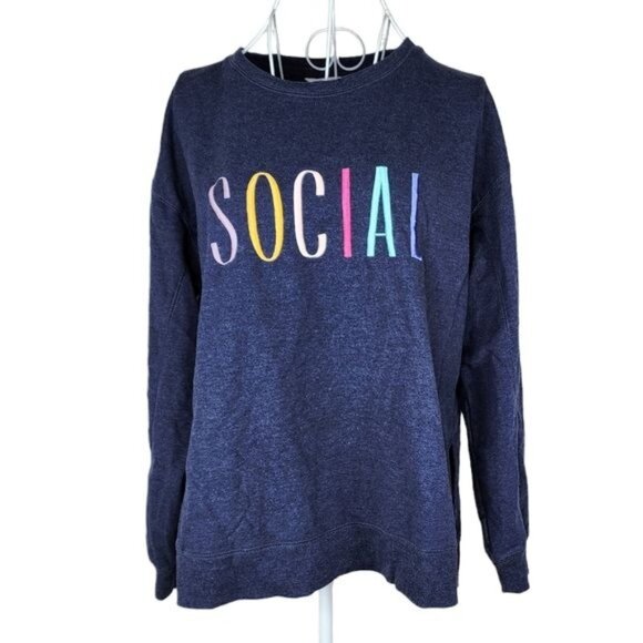 Wildfox Embroidered Social Navy Crew Neck Sweatshirt Size M - Picture 2 of 9
